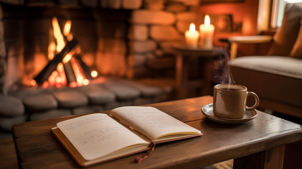 A warm fireside scene with an open journal, steaming mug, and candlelight — the writing sanctuary